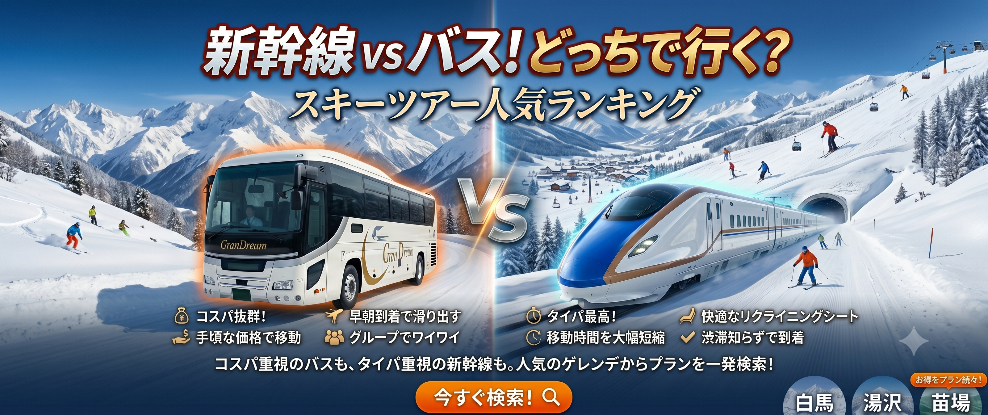 新幹線 vs バス！どっちで行く？ スキーツアー人気ランキング