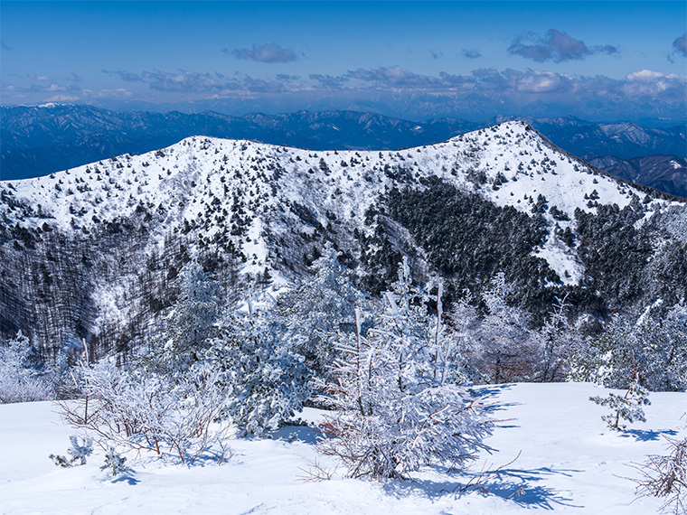 湯の丸山スノーハイク 山頂から烏帽子岳を臨む