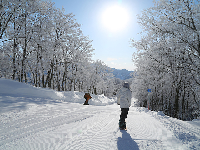白馬コルチナスキー場の風景とスノーボーダー