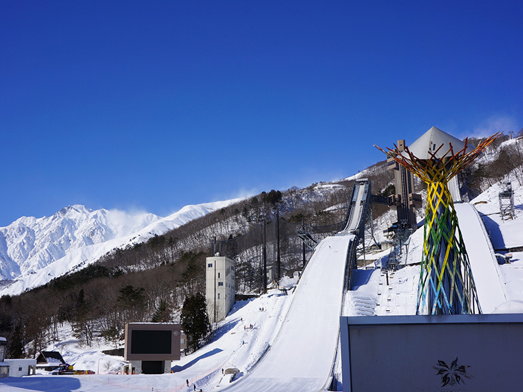 白馬スキージャンプ台でジャンプをする人