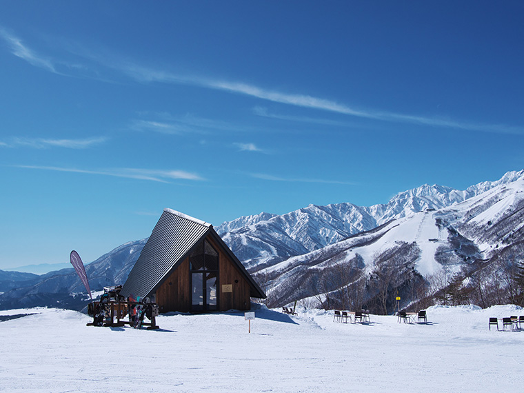 冬の白馬岩岳スノーフィールド　後立山連峰を背景に白馬ヒトトキノモリに建つチャバティ白馬の茶店