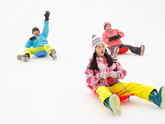 スノーマンパークでソリを楽しむ親子
