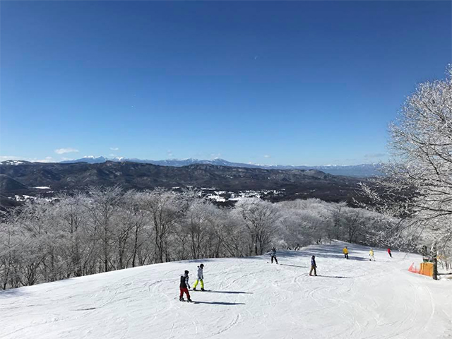 軽井沢プリンスホテルスキー場でスキーを楽しむ人々